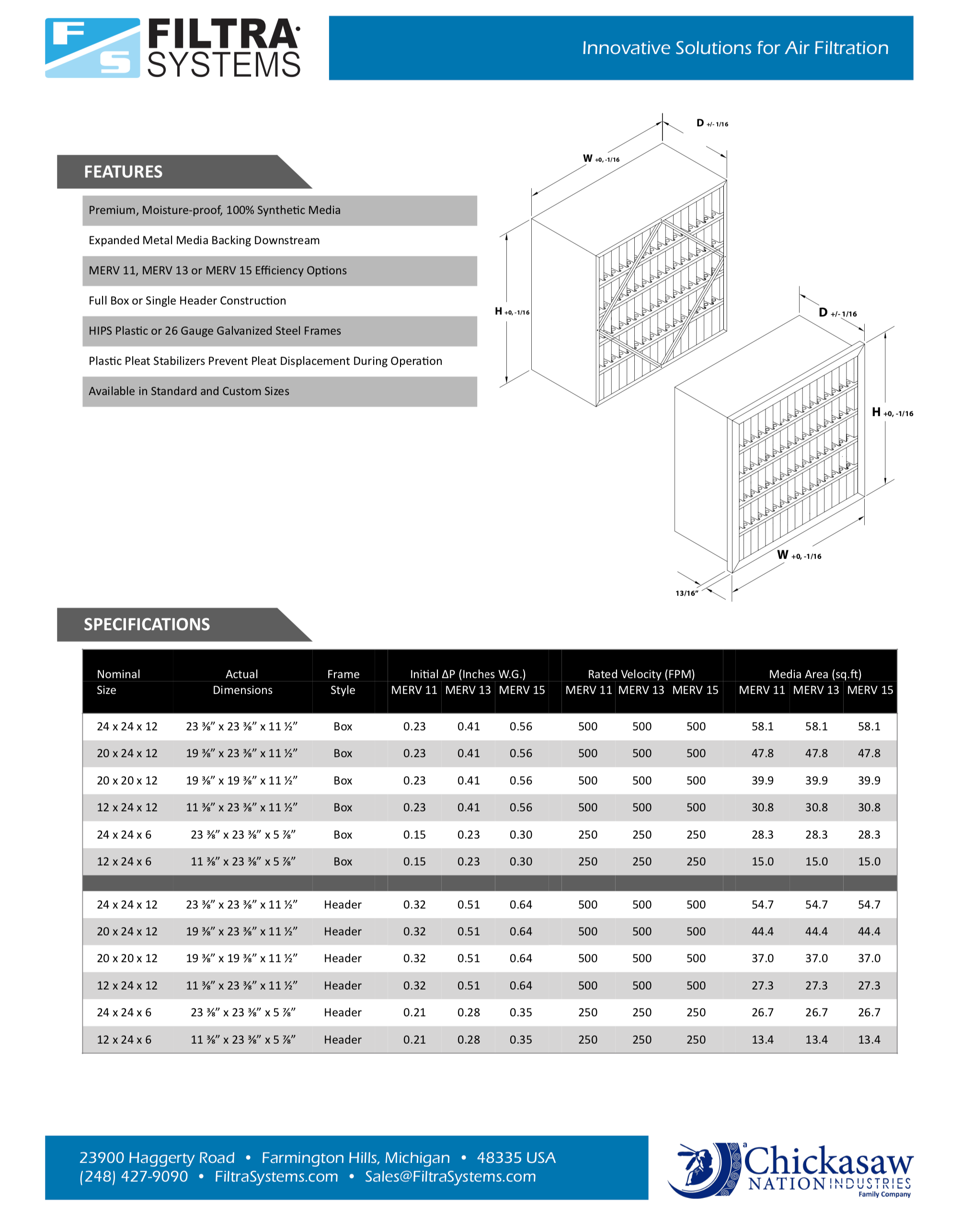 24x24x12 Super-Cell RP MERV 15 Rigid-Cell Air Filter  Spec Sheet