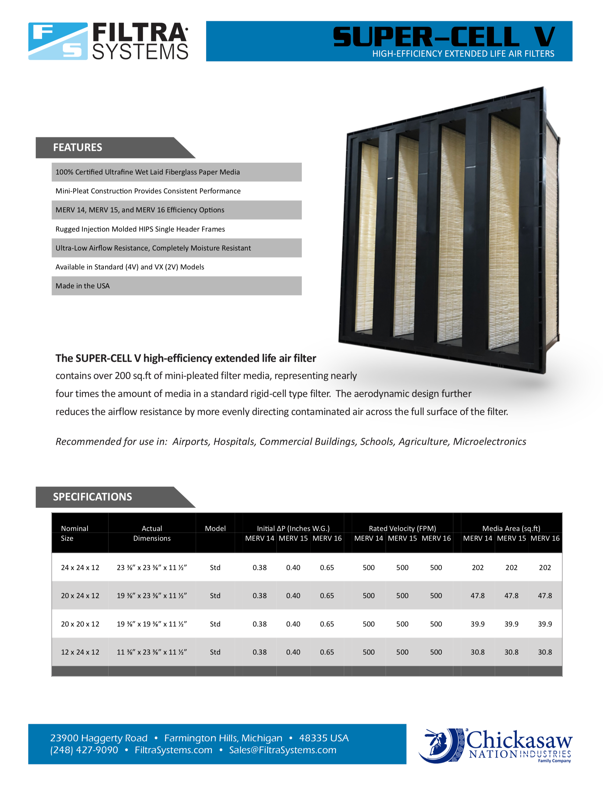 12x24x12 Super-Cell V MERV 15 Rigid-Cell Air Filter, Plastic Frame, Single Header